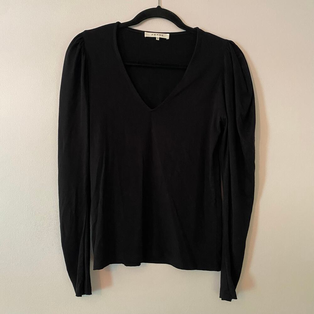 Frame Black Puff Sleeve V-neck Long Sleeve Shirt Minimalist Stretch Women's XS